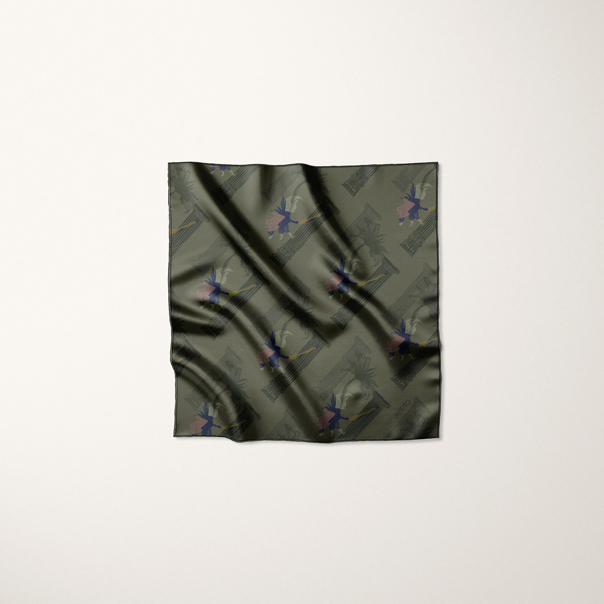 Carré de soie Colonna 45 par Alietto, satiné vert foncé, 100% soie, motif xylo-gravure, peinture