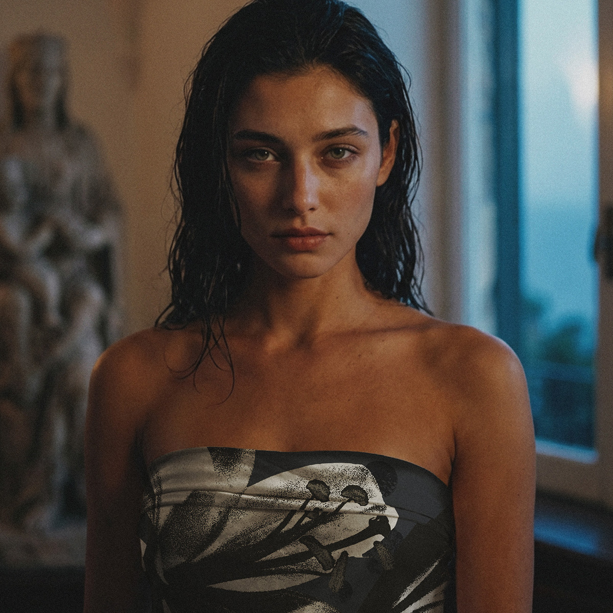 Portrait Alietto, foulard en soie Nuitée 90 porté en bandeau sur le buste